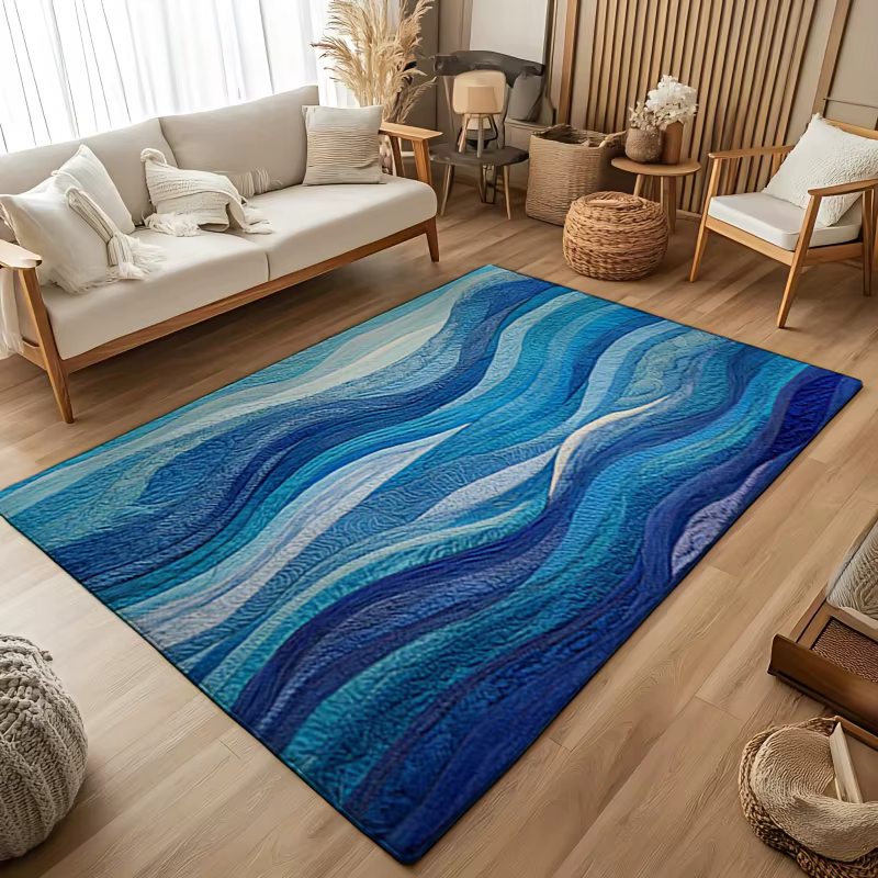Tapis de bain à motif ondulé bleu riche, tapis antidérapant lavable en machine, idéal pour l'entrée