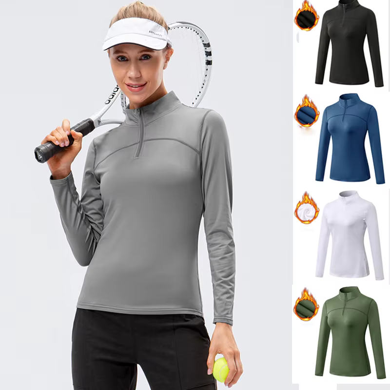 Dessus de Yoga femmes automne hiver à manches longues course haut de Sport col à glissière Fitness e