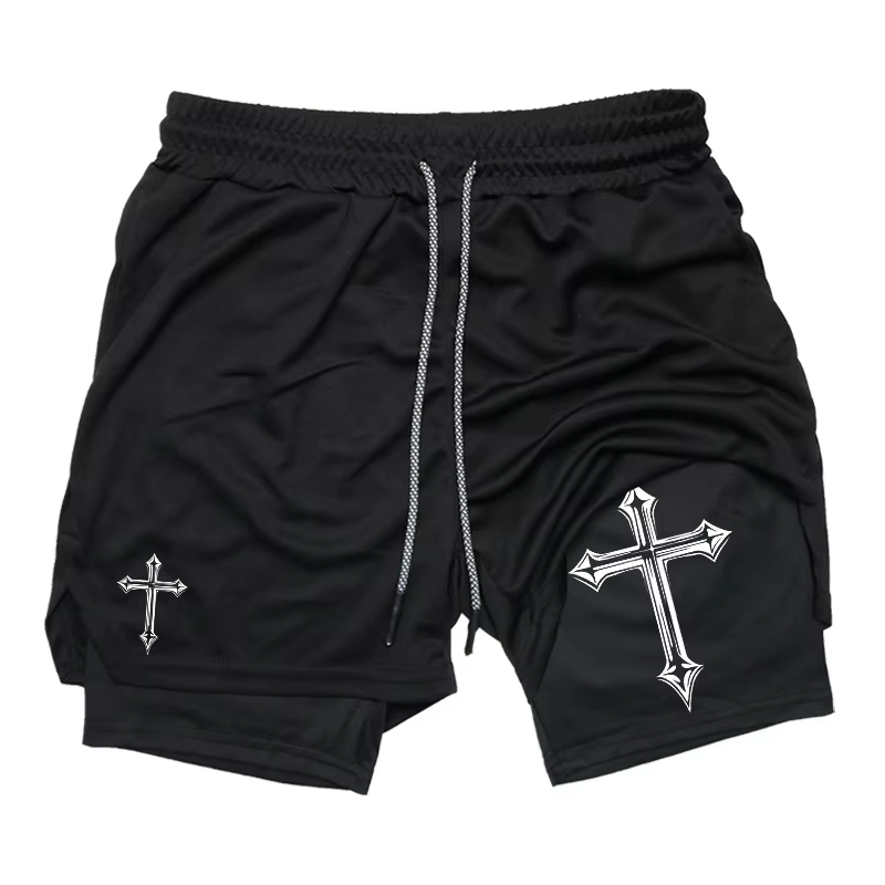 Short d'entraînement 2 en 1 imprimé croisé avec doublure de compression pour homme, short athlétique