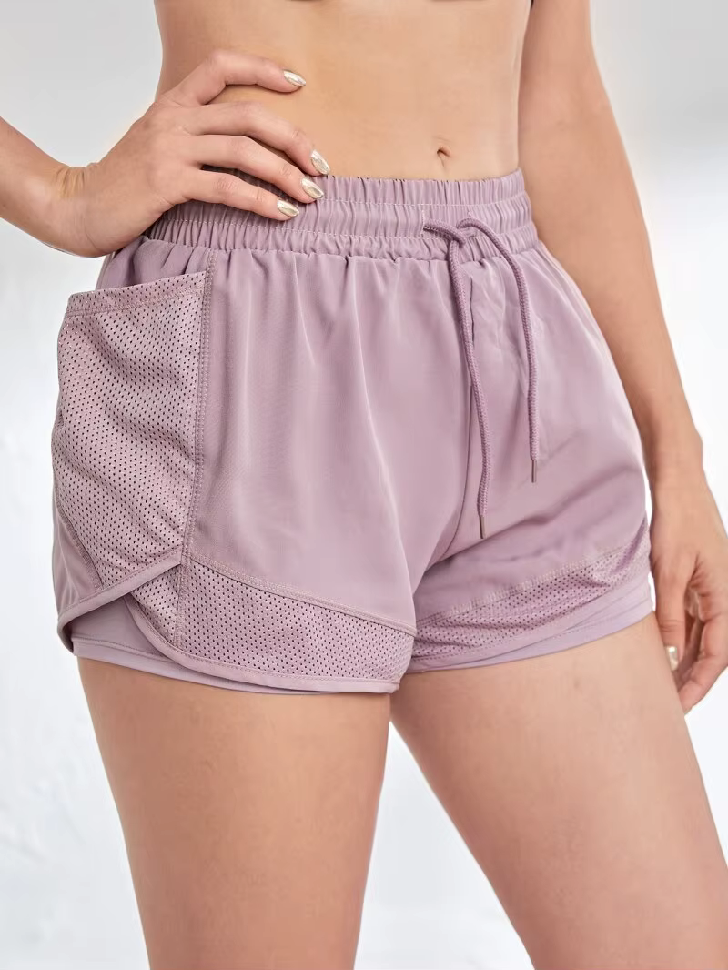 Short de sport élastique pour femmes, short avec poches, faux Leggings de Yoga deux pièces pour cour