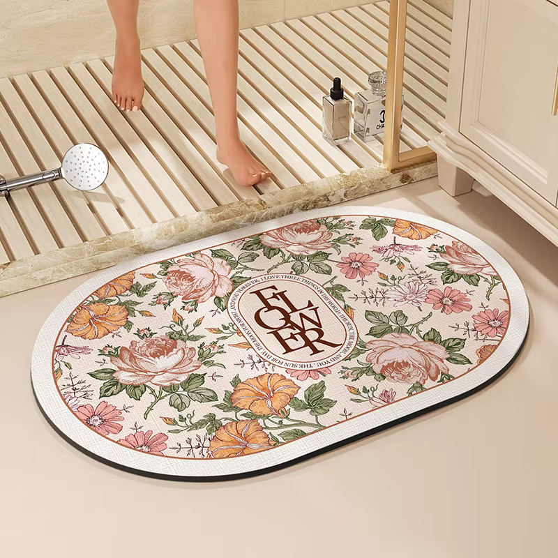 Polymères de bain à imprimé floral, tapis de pied super absorbant, antidérapant, coussin de douche à