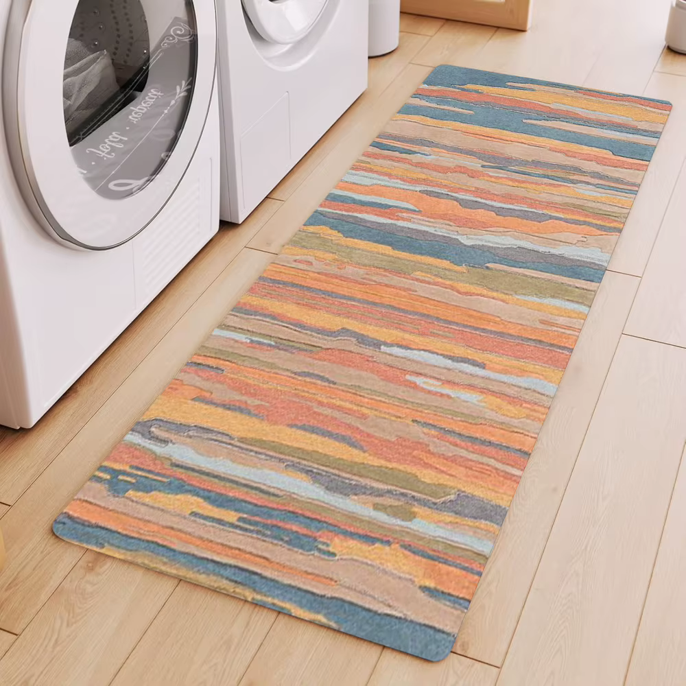 Tapis long abstrait à rayures aquarelle, motif coloré beige bleu gris, tapis antidérapant pour cuisi