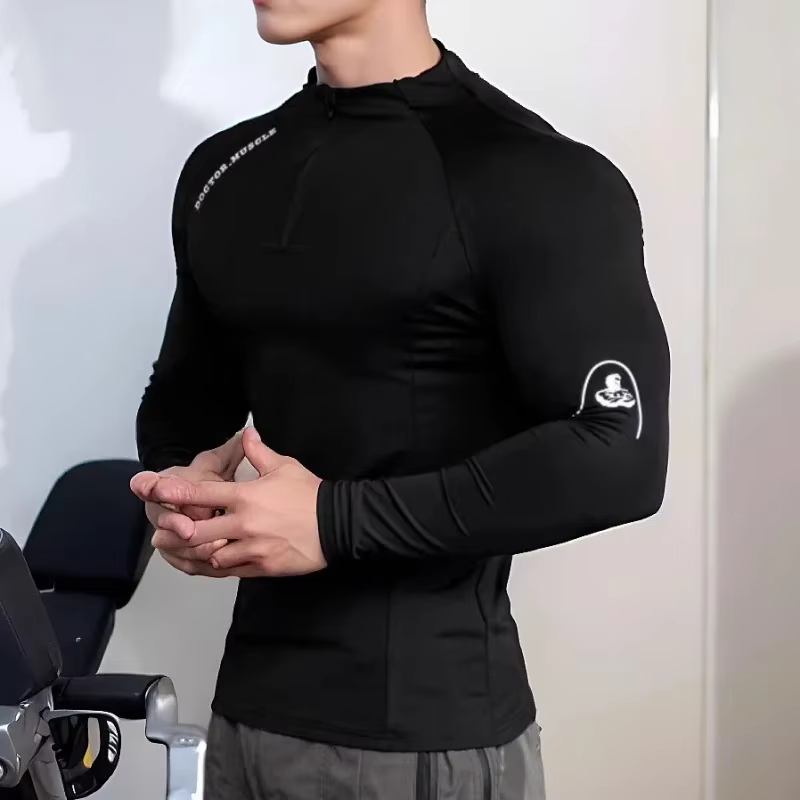 Haute qualité fermeture éclair col rond hauts sport printemps automne fitness T-shirt hommes à manch