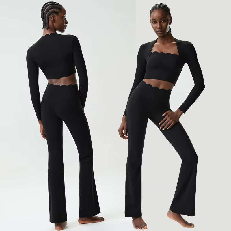 Ensemble de yoga fitness deux pièces pour femmes, couleur unie, manches longues, vêtements de sport