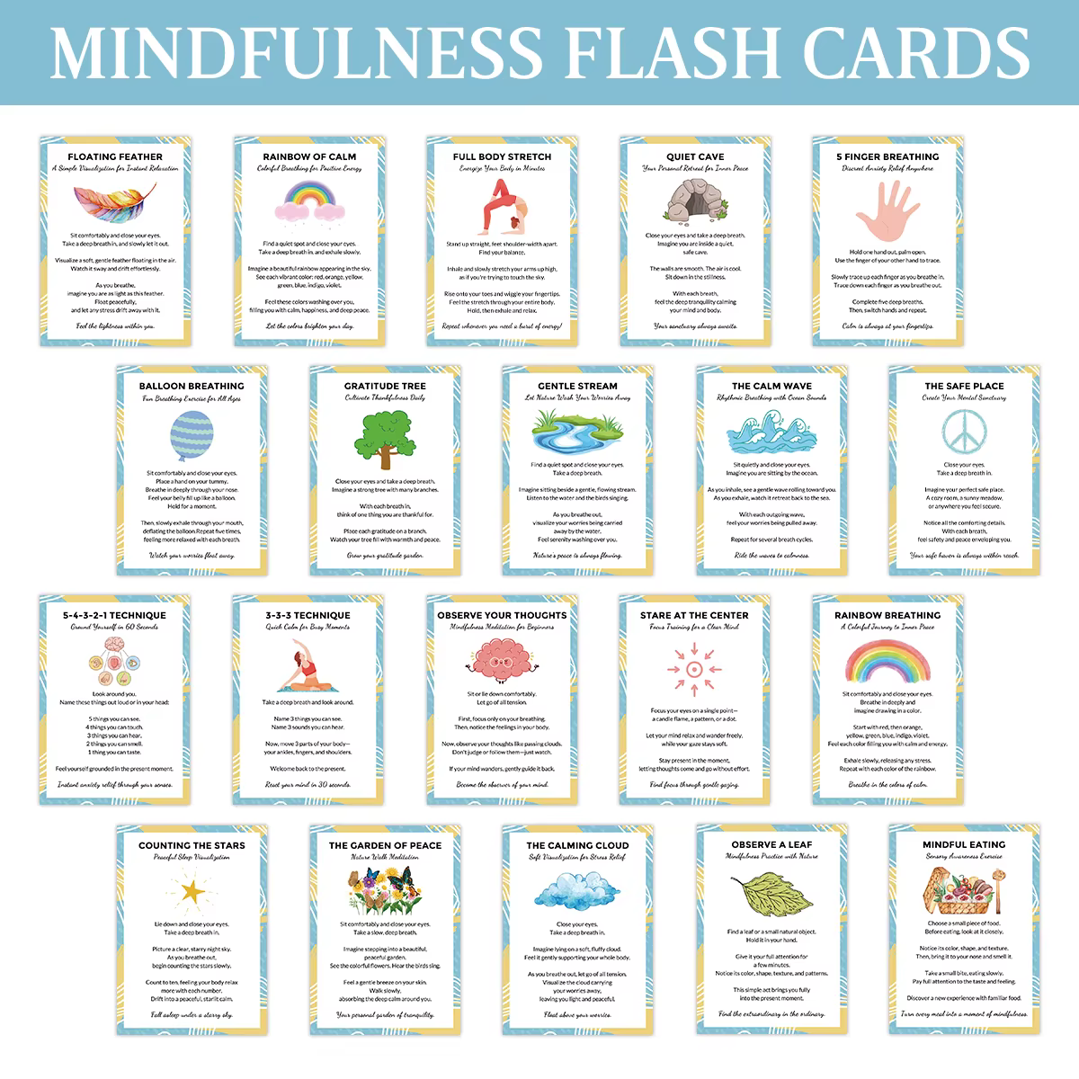 Cartes Flash de pleine conscience, 20 pièces, exercices de visualisation et de mise en terre colorés