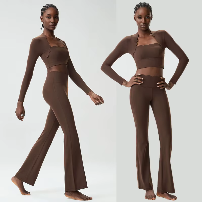 Ensemble de yoga fitness deux pièces pour femmes, couleur unie, manches longues, vêtements de sport