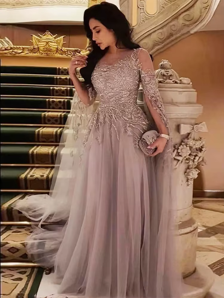 Robe de Soirée en Tulle à Manches sulfet Col Ras du Cou pour Femme, Tenue de Bal en Dentelle, avec A