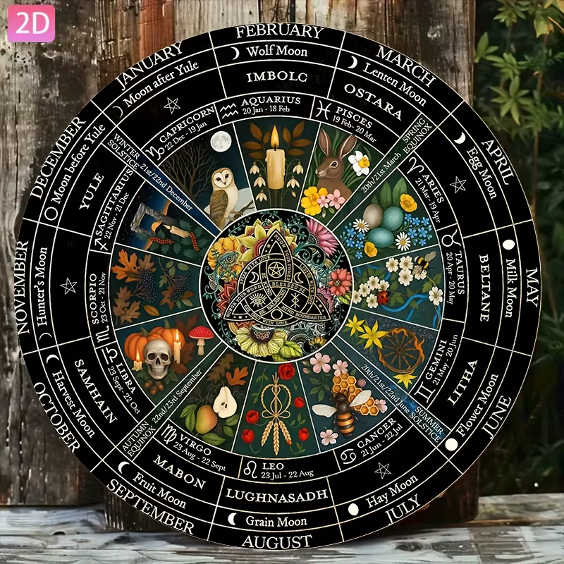 Décoration murale en métal vintage 2D plate, 1 pièce - Calendrier païen Roue de l'Année et décor Samhain Wiccan - 20x20cm (7.8x7.8")
