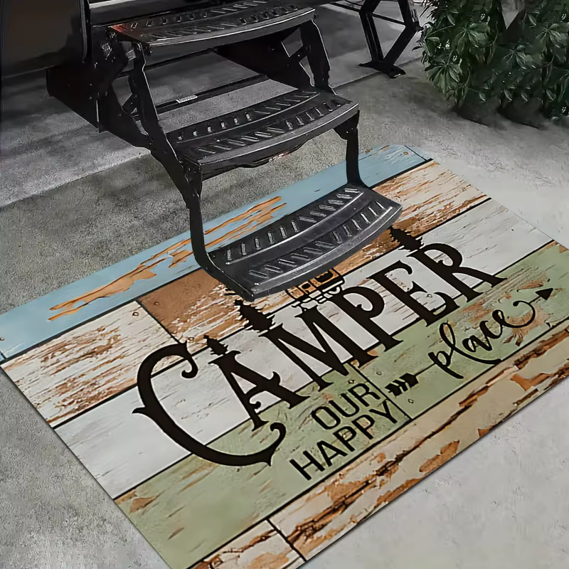 Paillasson de bienvenue pour camping-car, 1 pièce, tapis de camping-car en flanelle robuste avec design de camping-car et d'arbres, "Bienvenue à notre