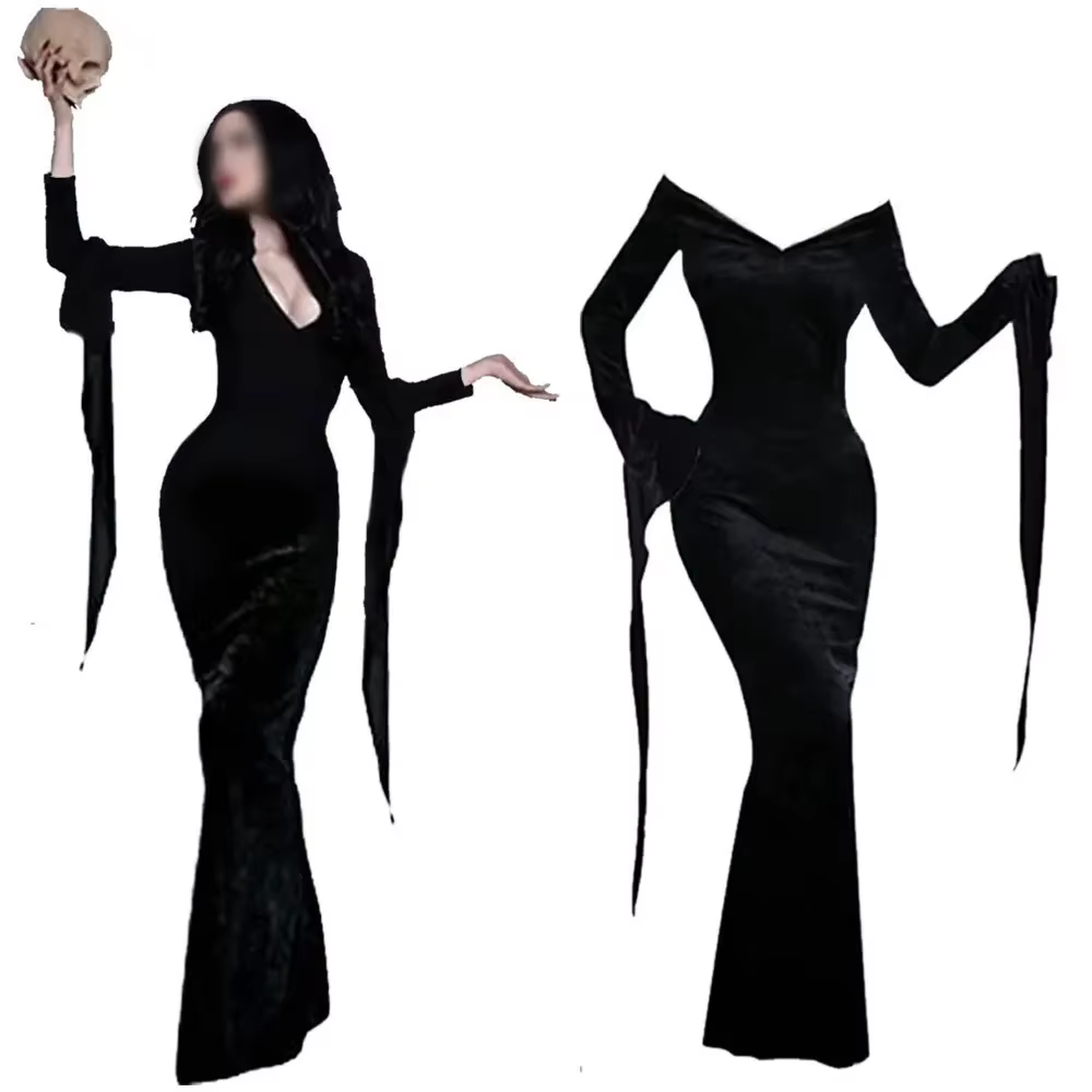 Nouveau The Addams Cosplay famille mercredi Addams Costume Halloween robe noire tache blanche pour les femmes Cosplay Costume