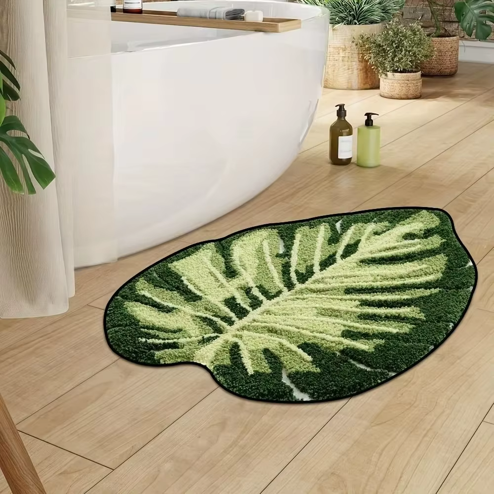 Tapis de sol de salle de bain en forme de feuille, en fibres épaissies, motif feuille, antidérapant TPR, design irrégulier, tapis de bain antidérapant