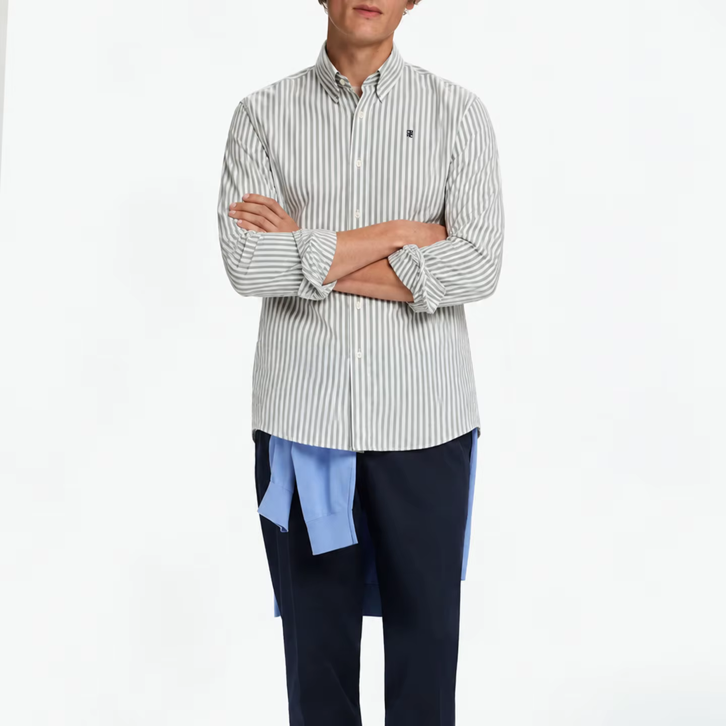 Chemise à manches longues brodée à rayures CH pour homme, coupe droite, col boutonné, classique, intemporelle, décontractée, pour tous les jours