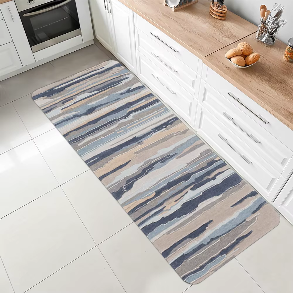 Tapis long abstrait à rayures aquarelle, motif coloré beige bleu gris, tapis antidérapant pour cuisine, salle de bain, décoration intérieure