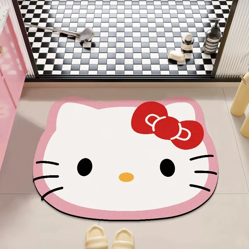Tapis de bain Kawaii Kitty à bordure rose, résistant aux taches, antidérapant, séchage rapide, en terre de diatomée