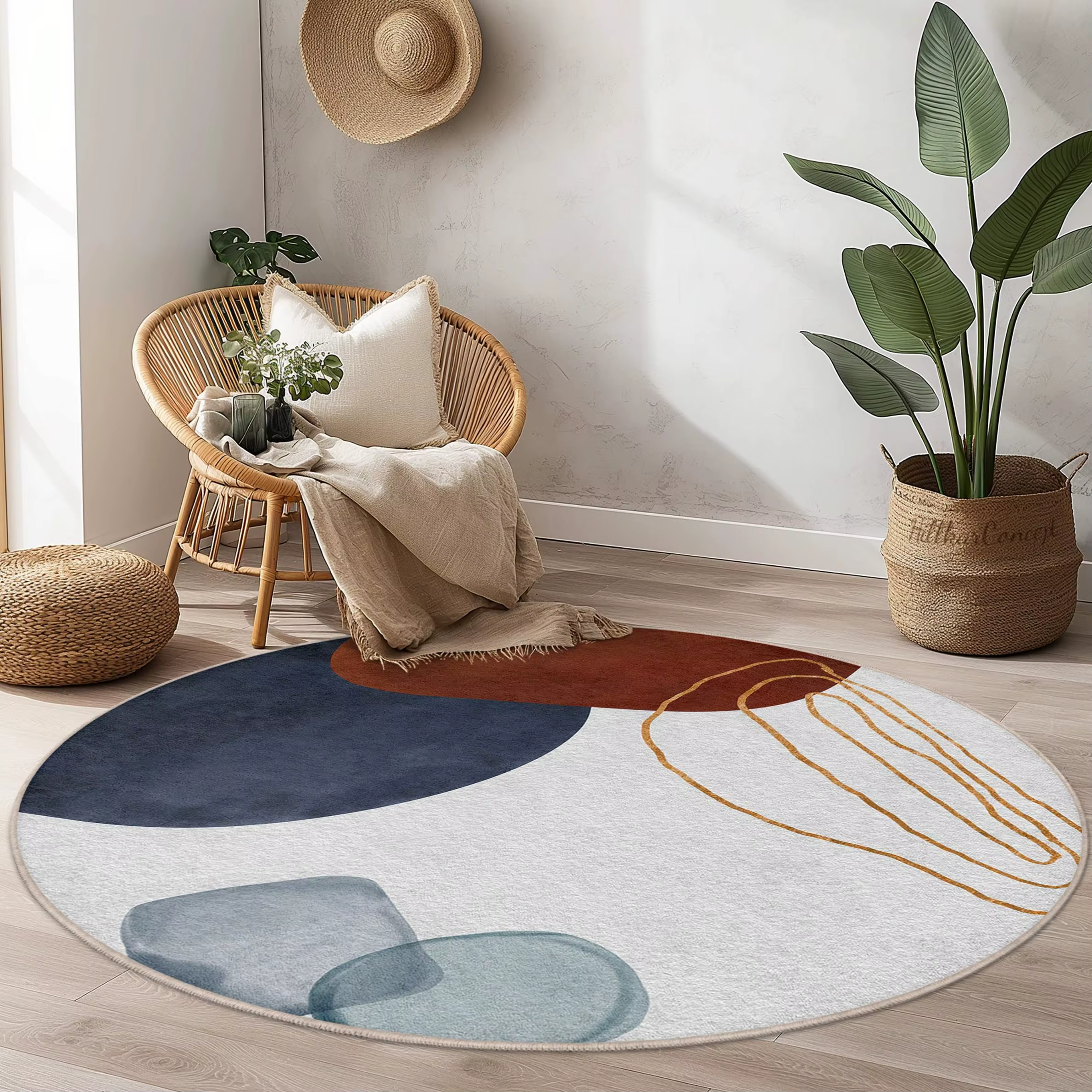 Tapis rond moderne du milieu du siècle, motif abstrait terracotta, lavable, antidérapant, minimaliste, pour la décoration du salon