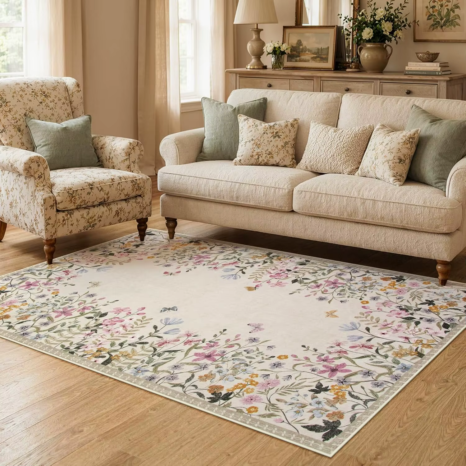 Tapis floral beige, tapis lavable antidérapant pour salon, chambre à coucher, décoration d'intérieur botanique polyvalente