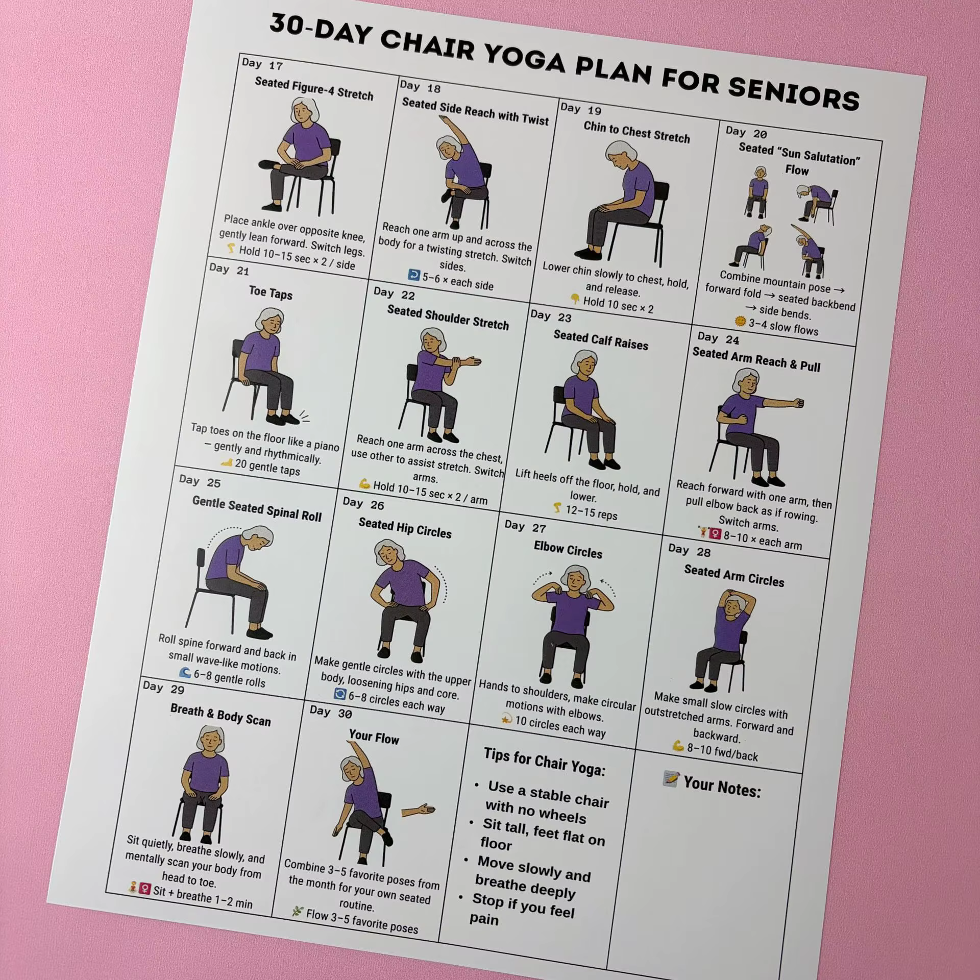 Affiche de plan d'entraînement de yoga en position assise sur 30 jours pour les seniors