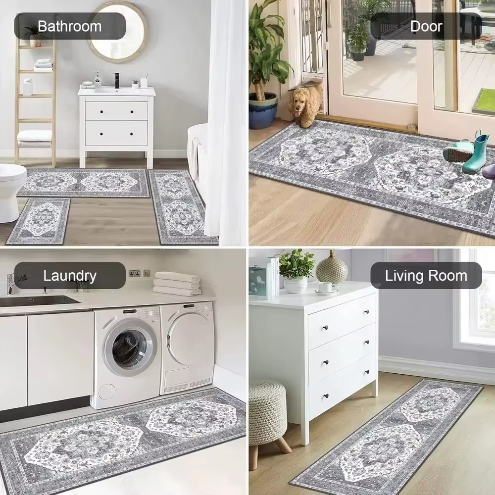 Tapis de couloir vintage vert foncé à motif botanique de chat, imprimé fleurs de prairie, tapis artistique antidérapant long pour couloir et chevet