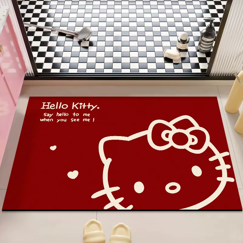 Tapis de bain Kawaii Kitty à bordure rose, résistant aux taches, antidérapant, séchage rapide, en terre de diatomée