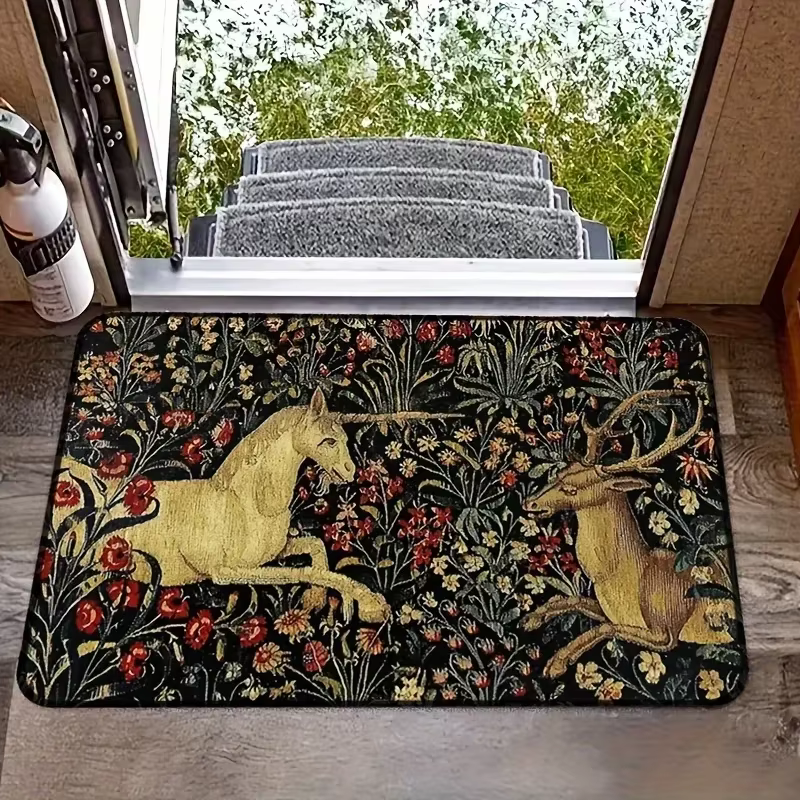Tapisserie florale de minuit licorne médiévale, paillasson antidérapant, décoration de maison, lavable, pour salon, chambre à coucher, cuisine
