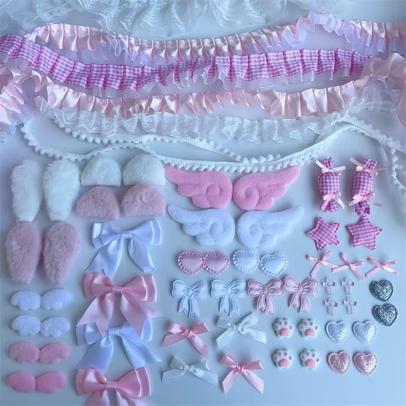 67 pièces d'ensemble d'accessoires colorés ensemble d'emballage de matériel en dentelle rose ventilateur manuel accessoires de bricolage paquet indolore beau nœud de fille