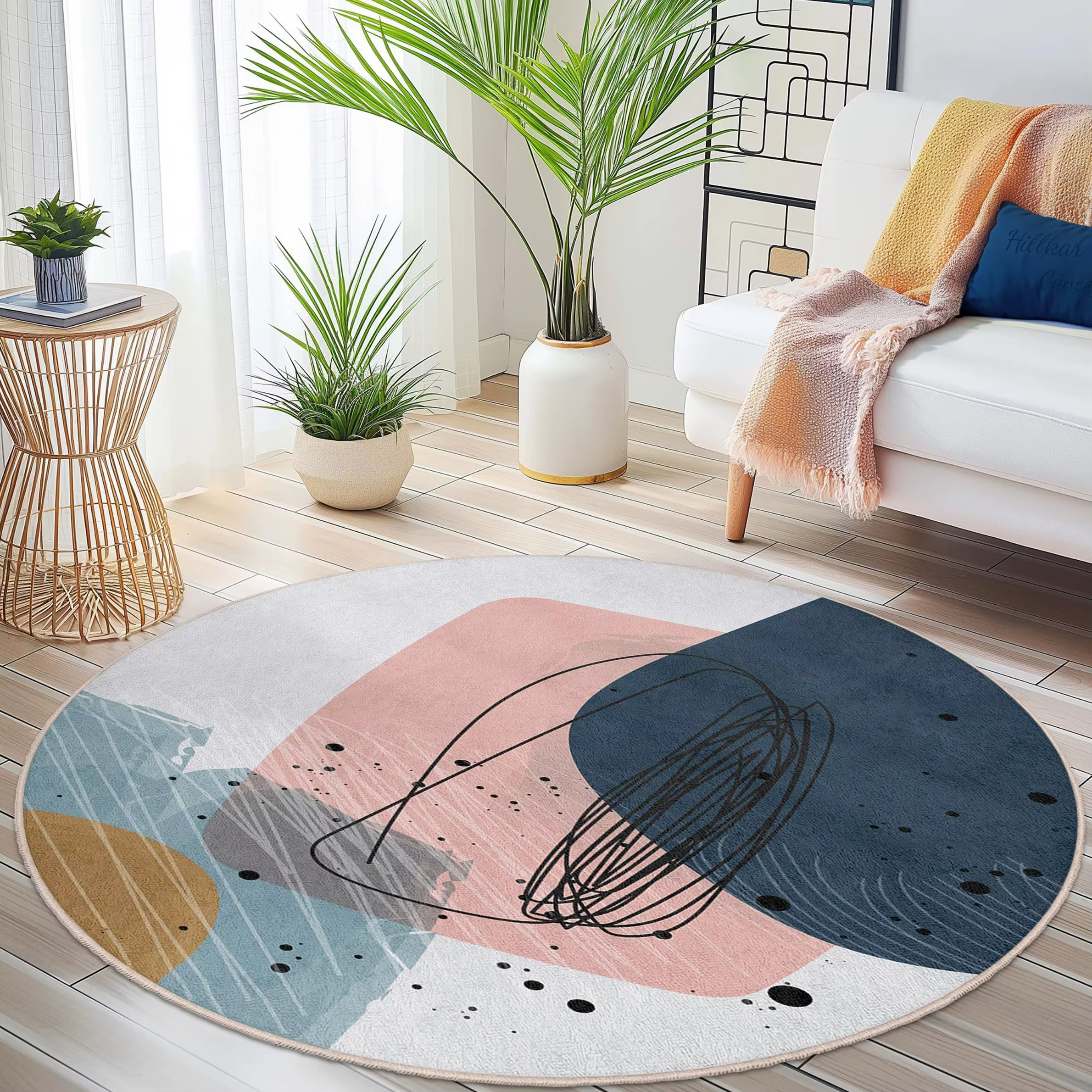 Tapis rond moderne du milieu du siècle, motif abstrait terracotta, lavable, antidérapant, minimaliste, pour la décoration du salon