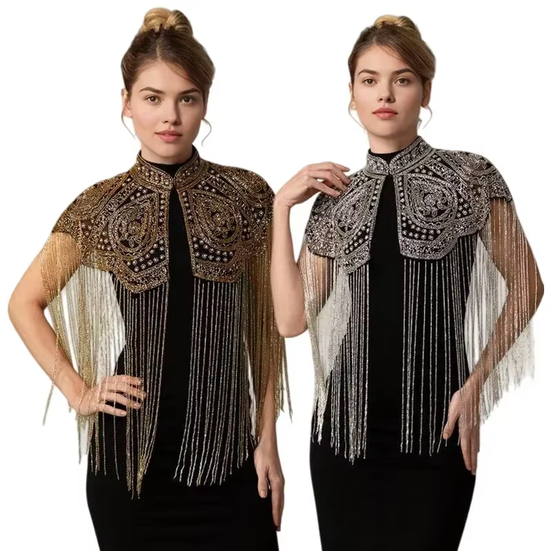 Châle indien lourd orné de perles, à longues franges, fait main, pour robe de soirée, cape, accessoire rétro à porter avec une robe Cheongsam