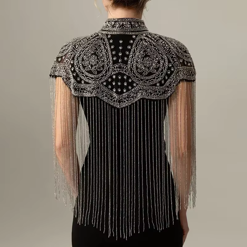 Châle indien lourd orné de perles, à longues franges, fait main, pour robe de soirée, cape, accessoire rétro à porter avec une robe Cheongsam