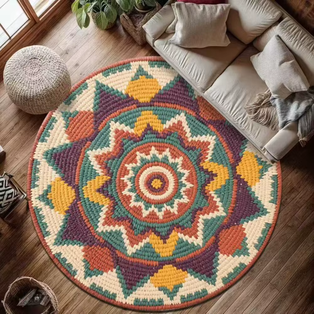 Tapis rond Mandala, style bohème ethnique