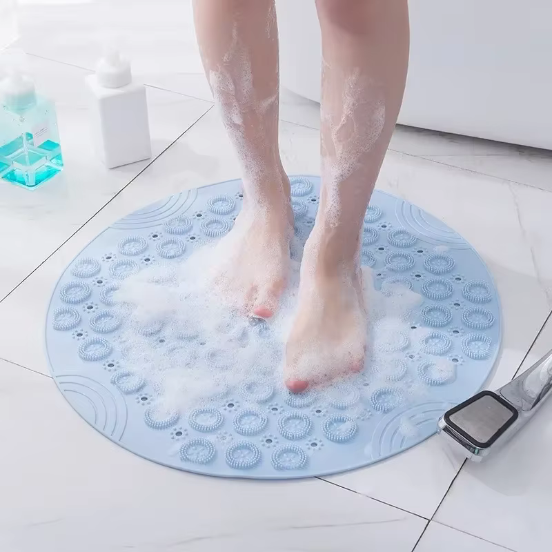 Tapis de salle de bain rond antidérapant en PVC, avec trou de vidange, tapis de bain en Silicone, coussin de Massage des pieds, tapis de douche souple pour baignoire