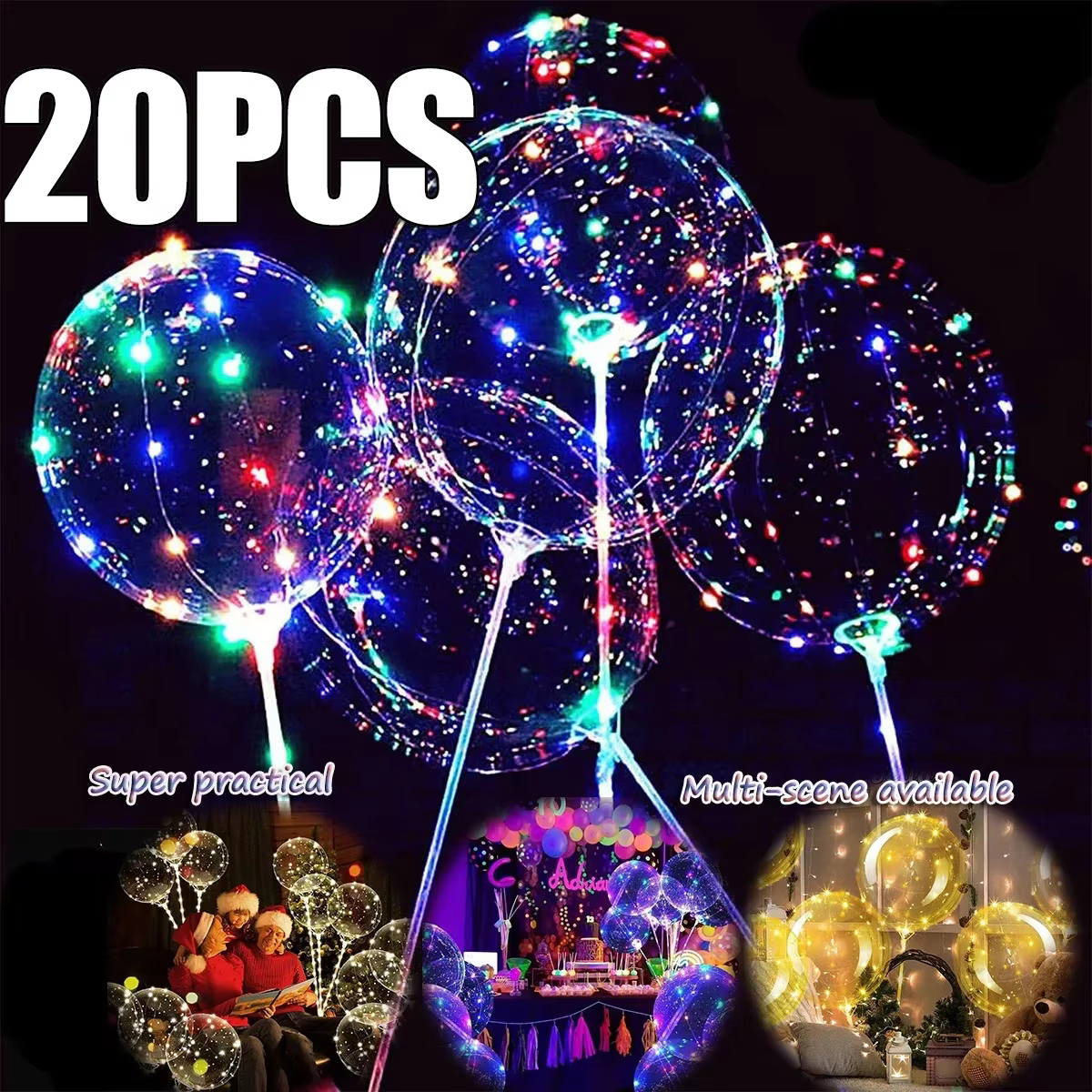 1/2/5/10/20 pièces ballons LED ballons à bulles transparents avec guirlandes lumineuses et bâtons pour la décoration d'événements de fête de mariage