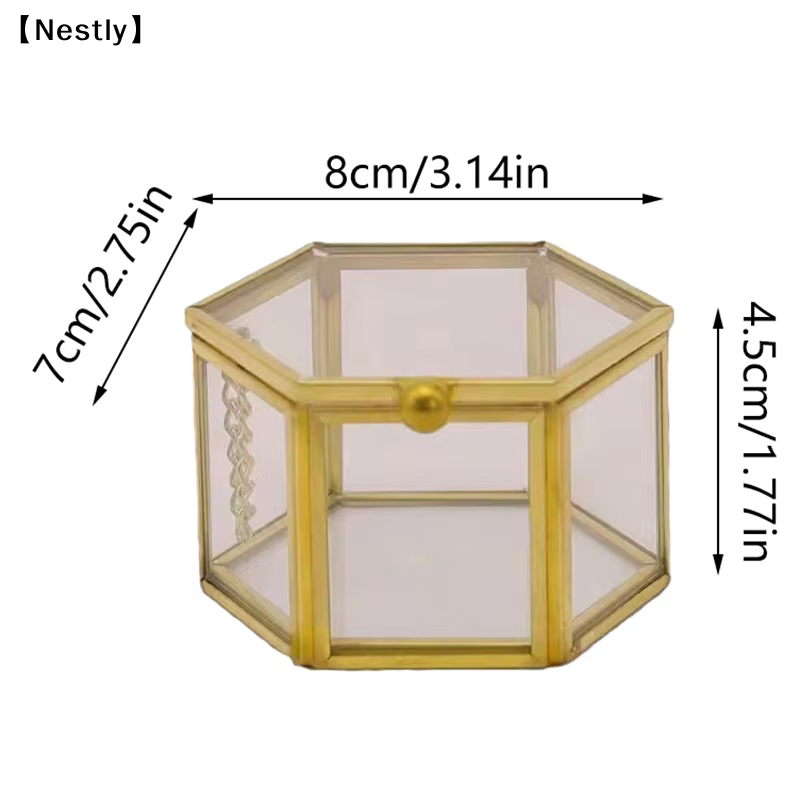 Boîte à bagues hexagonale haut de gamme, boîte à bijoux et accessoires en or, boîte de rangement pour bijoux en verre doré, luxueuse et rétro〔Nest〕