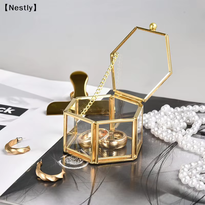 Boîte à bagues hexagonale haut de gamme, boîte à bijoux et accessoires en or, boîte de rangement pour bijoux en verre doré, luxueuse et rétro〔Nest〕