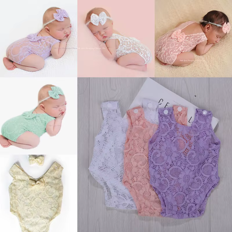 Accessoires pour bébé fille, Costume de photographie, ensemble bandeau pour nouveau-né garçon, barboteuse en dentelle, vêtements féminins, Costume Photo, tenue Ropa Bebes