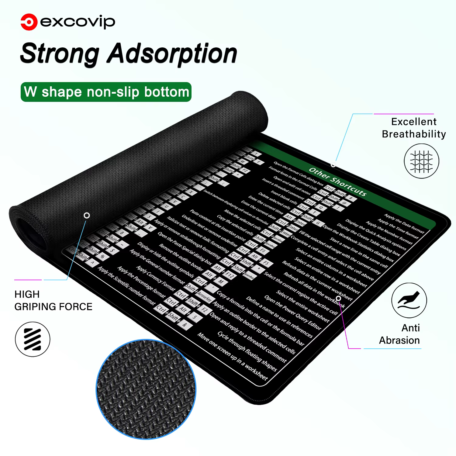 Tapis de souris EXCO Excel raccourcis, grand tapis de bureau étendu pour ordinateur de bureau, grand clavier avec bord cousu, Base antidérapante