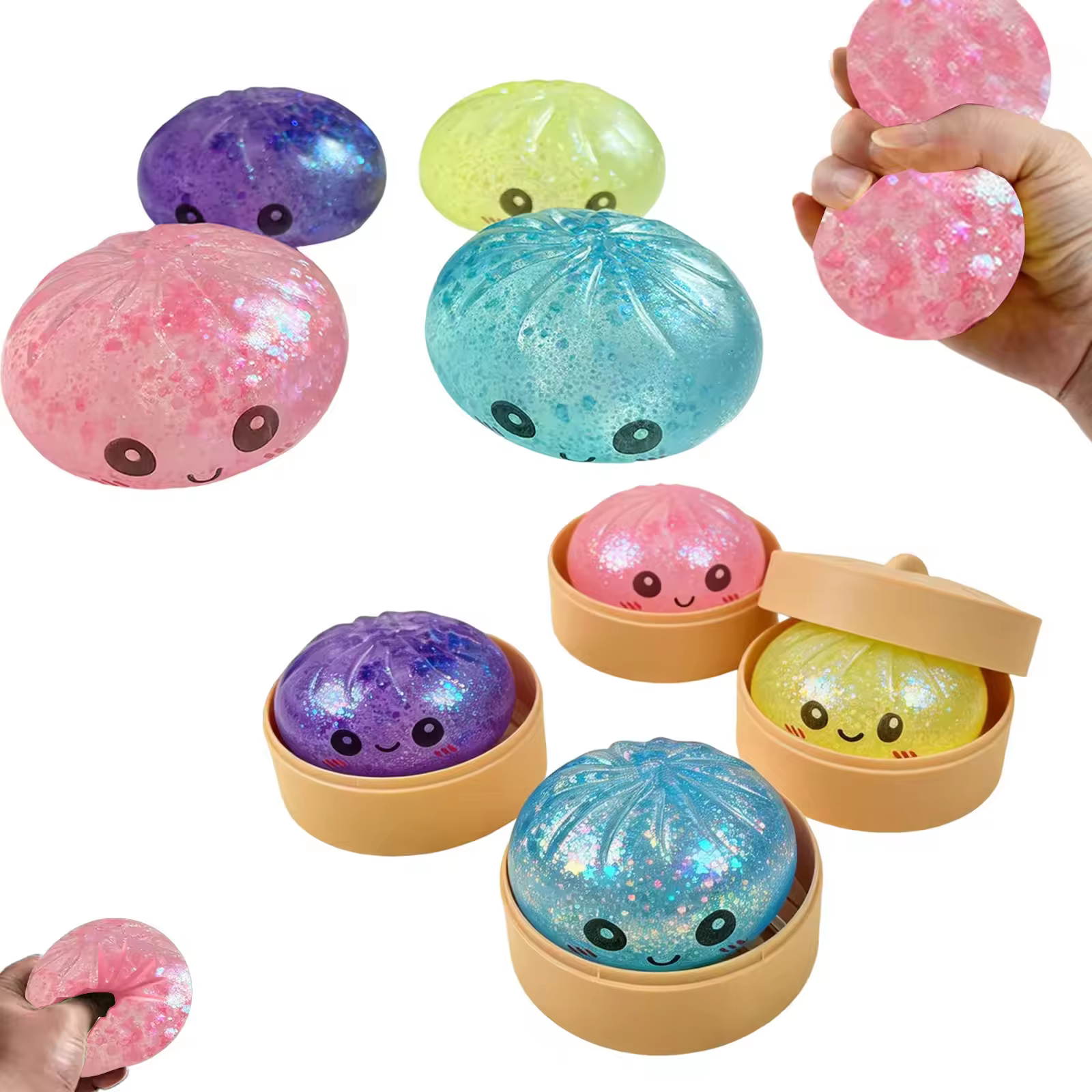 Jouet anti-stress en forme de bao bao vapeur avec perles et paillettes, jouet sensoriel souple et moelleux pour la décompression