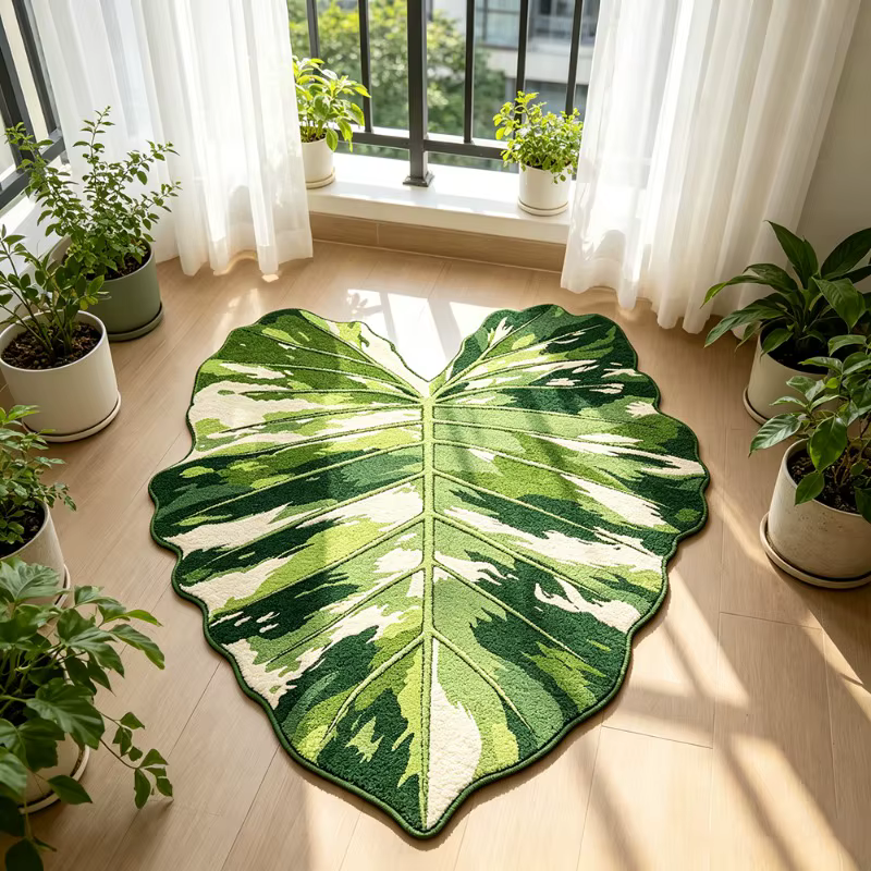 Tapis en forme de feuille de style nordique, motif de plante verte, paillasson d'entrée, tapis de sol doux, antidérapant et confortable, décoration de la maison