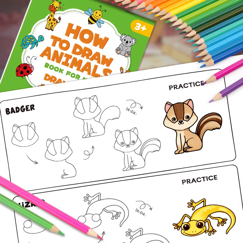 Livre d'activités interactif à 96 thèmes d'animaux, comment dessiner des animaux, quatre étapes simples pour compléter le dessin, livre de jouets de coloriage