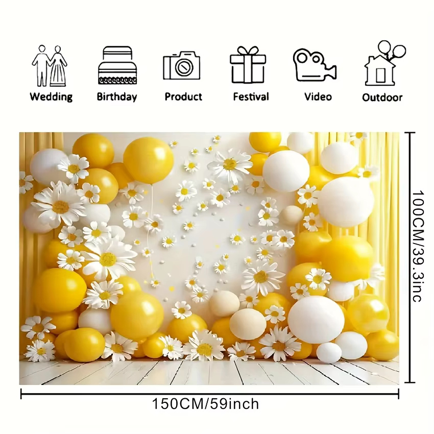 1 fond de photographie marguerite ballon jaune, adapté aux fêtes et aux salles de bain