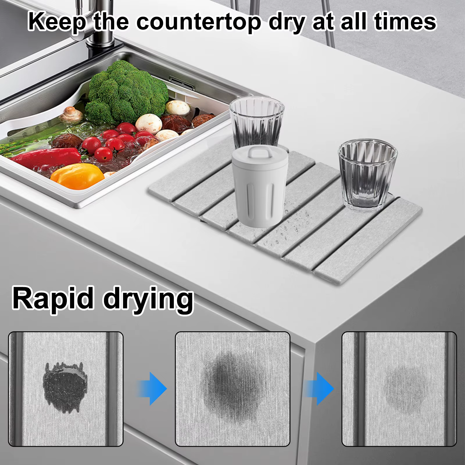 Tapis de séchage en pierre pliable, antidérapant, réutilisable, pour vaisselle, drainage, ustensiles de cuisine polyvalents