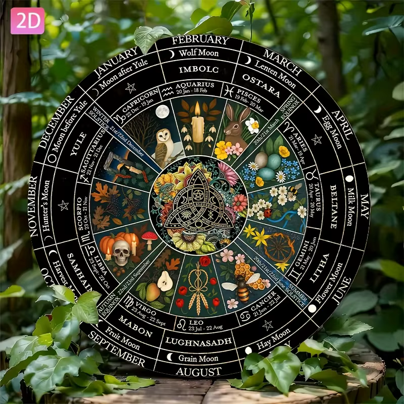 Décoration murale en métal vintage 2D plate, 1 pièce - Calendrier païen Roue de l'Année et décor Samhain Wiccan - 20x20cm (7.8x7.8")