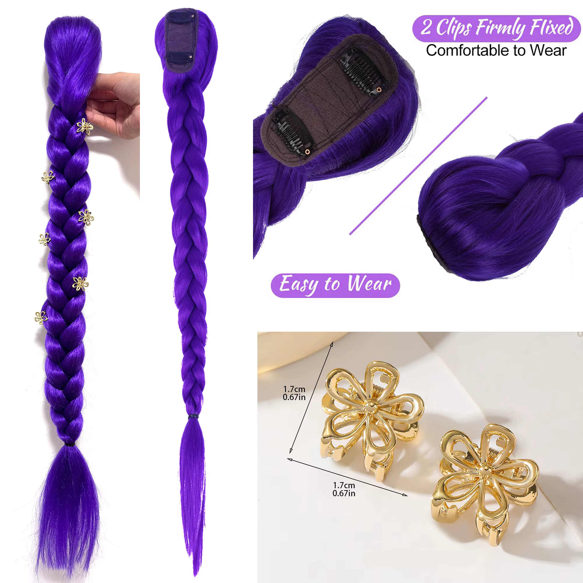 Queue de cheval tressée violette de 26 pouces à clipser, longue postiche pour cosplay, idéale pour les enfants et les filles à Halloween et Noël