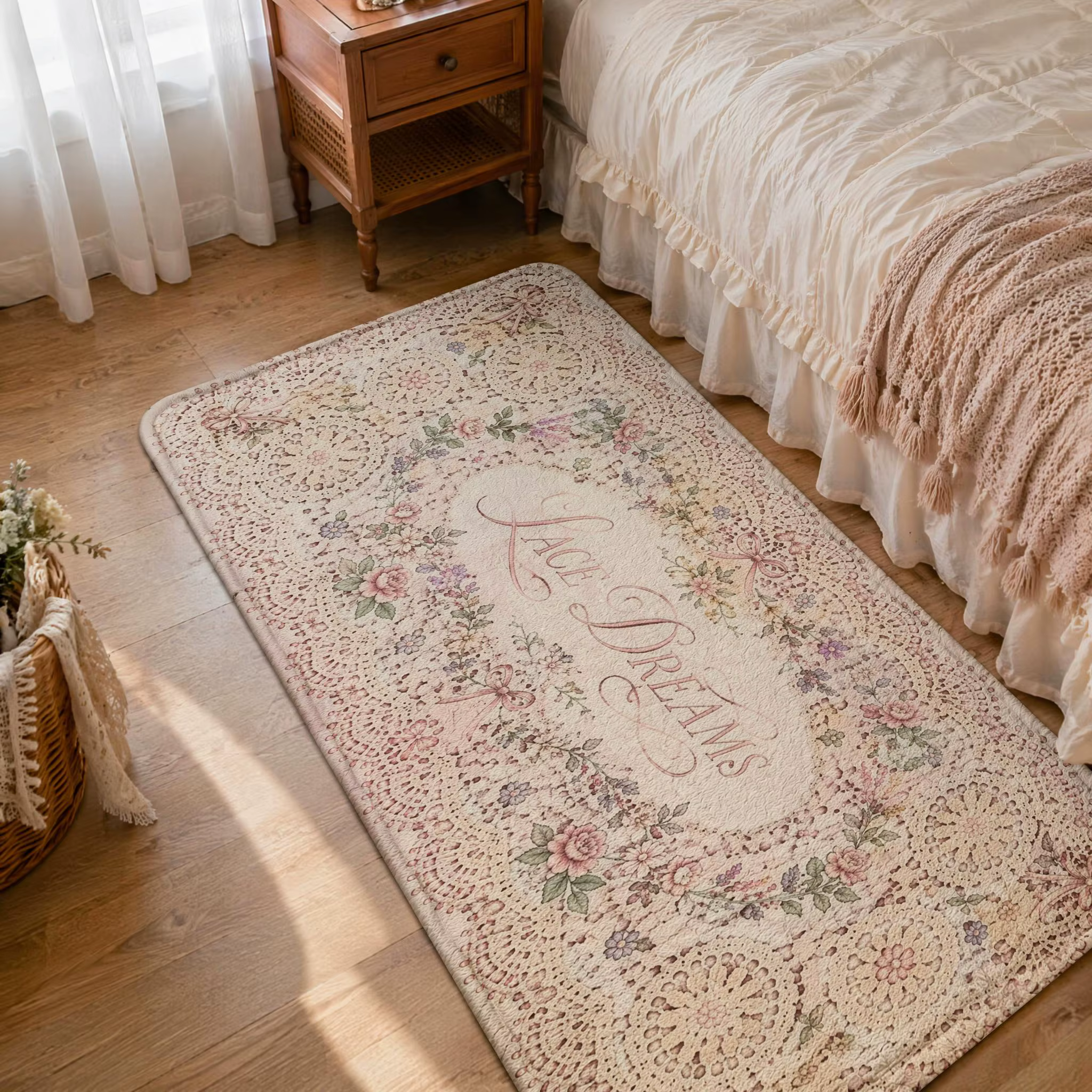 Tapis de Couloir Long en Crochet Floral Vintage Lace Dreams, Style Shabby Chic, Motif Floral Pastel, Rectangulaire, pour Chambre à Coucher ou Coiffeuse