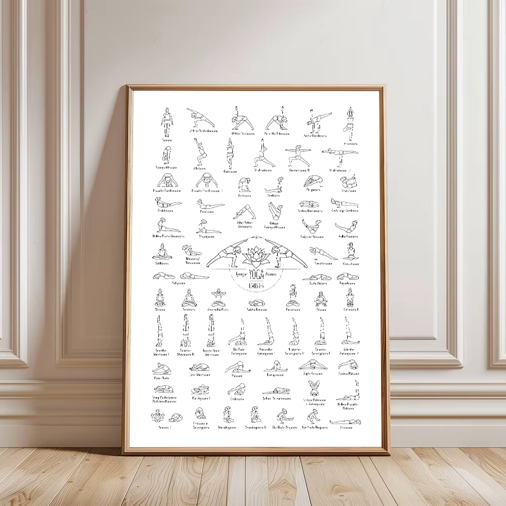 Affiche de décomposition des poses de yoga relaxantes en noir et blanc