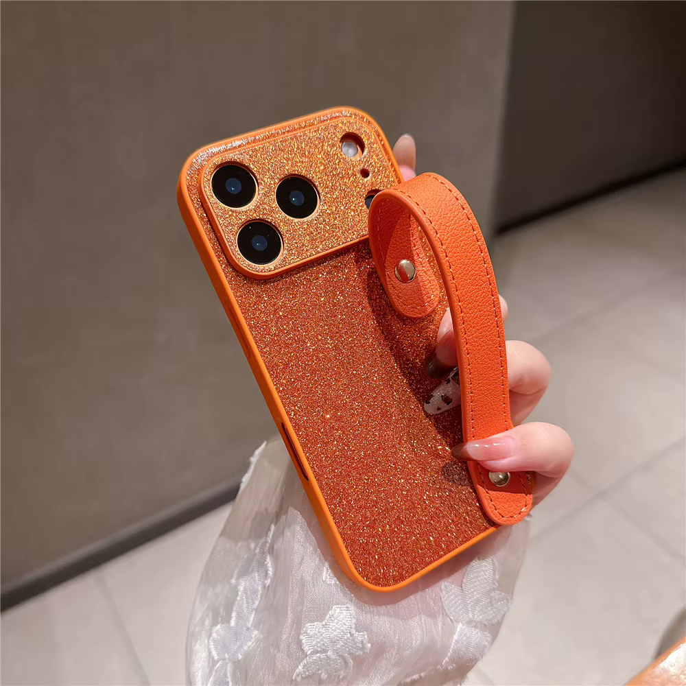 Étui de luxe en cuir brillant avec dragonne, accessoires adaptés à l'iphone 11 12 13 mini 14 15 16E 17 Pro Max Plus, housse de Protection