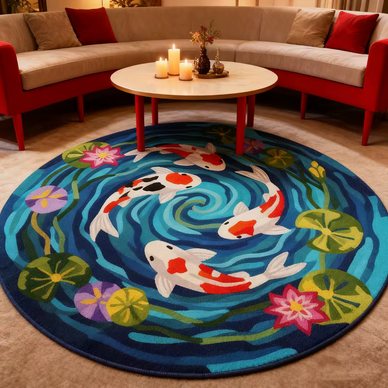 VIKAMA Tapis rond coloré à motif Koi