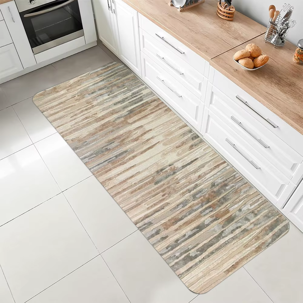 Tapis long abstrait à rayures aquarelle, motif coloré beige bleu gris, tapis antidérapant pour cuisine, salle de bain, décoration intérieure