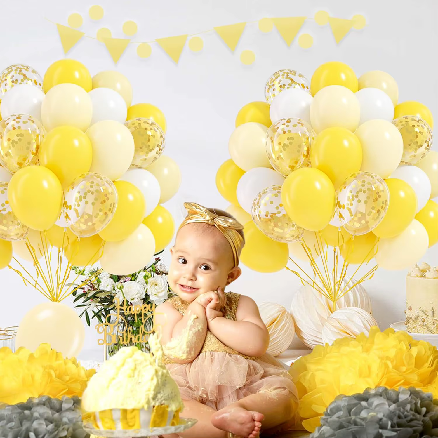 Ballons jaunes pastel et blancs de 12 pouces avec confettis dorés pour mariage sur le thème de l'abeille et du citron, baby shower, anniversaire