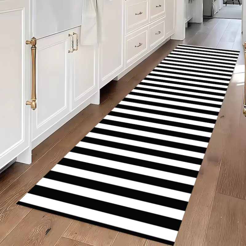 Tapis de couloir à rayures noires et blanches, tapis de chambre à coucher, couverture de lit, tapis de salle de bain, tapis de salon, tapis de cuisine, tapis lavable