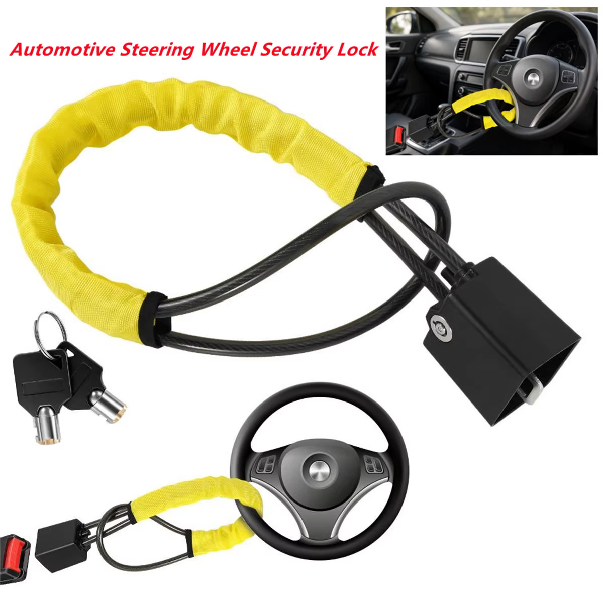 Verrou de volant de voiture avec prise de ceinture de sécurité, corde en acier pour camion, SUV, fourgonnette, camping-car, avec 2 clés, dispositif de protection antivol universel